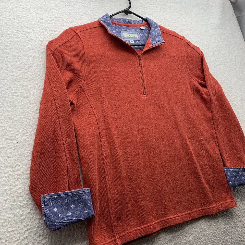 Orvis‎ 1/4 Zip Knit Jacket Mens Medium M Flip Cuff Red Blue Floral Outdoors Dad - Picture 2 of 13